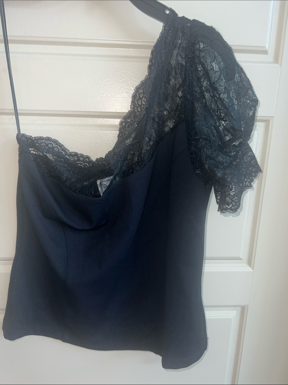 Anthropologie Maeve One-Shoulder Lace-Trimmed Top Black Sz M romantic - Picture 6 of 11